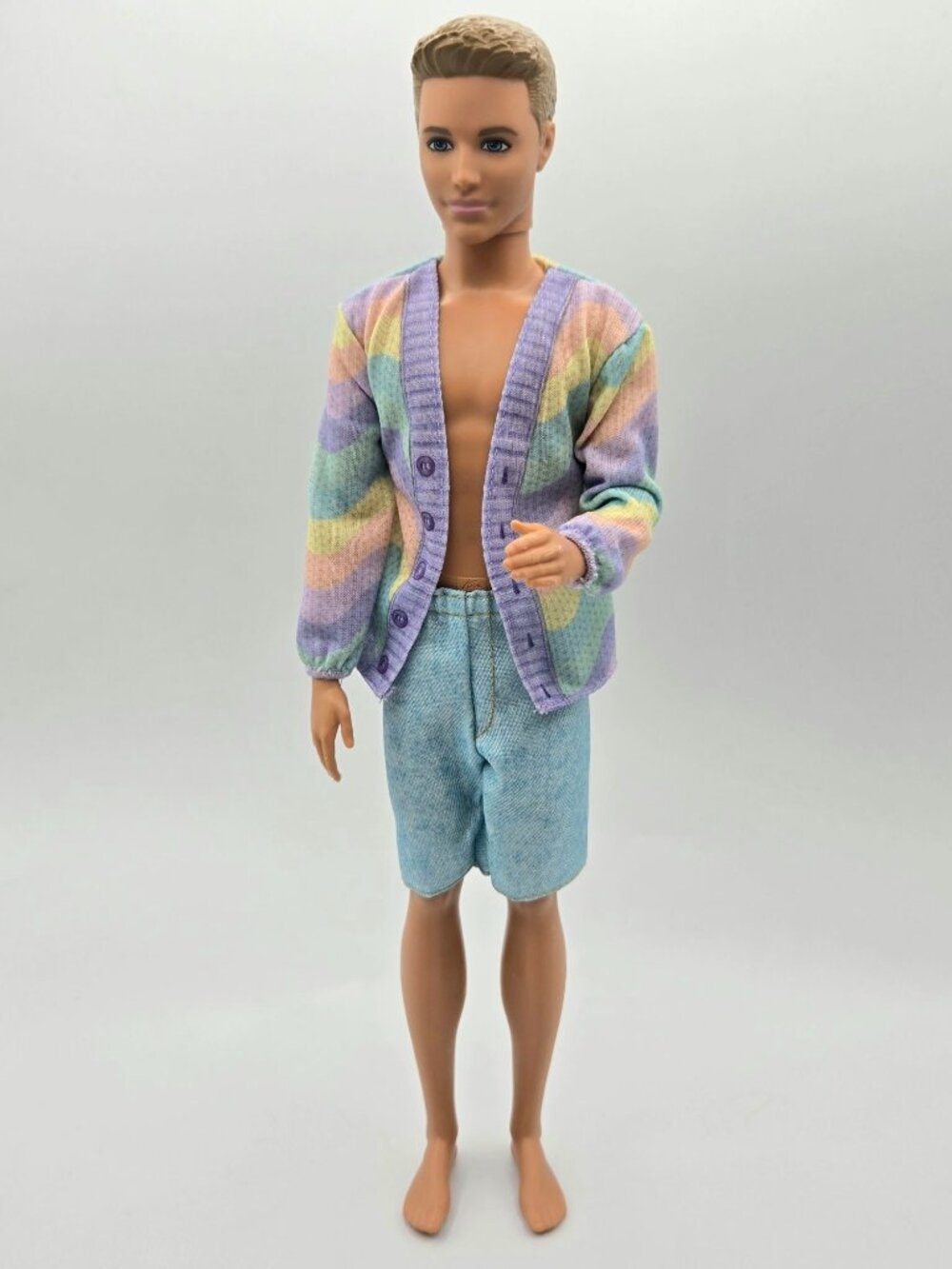 Barbie Fashionistas Ken Doll w/ Pastel Rainbow Cardigan & Jean Shorts Blonde 12"